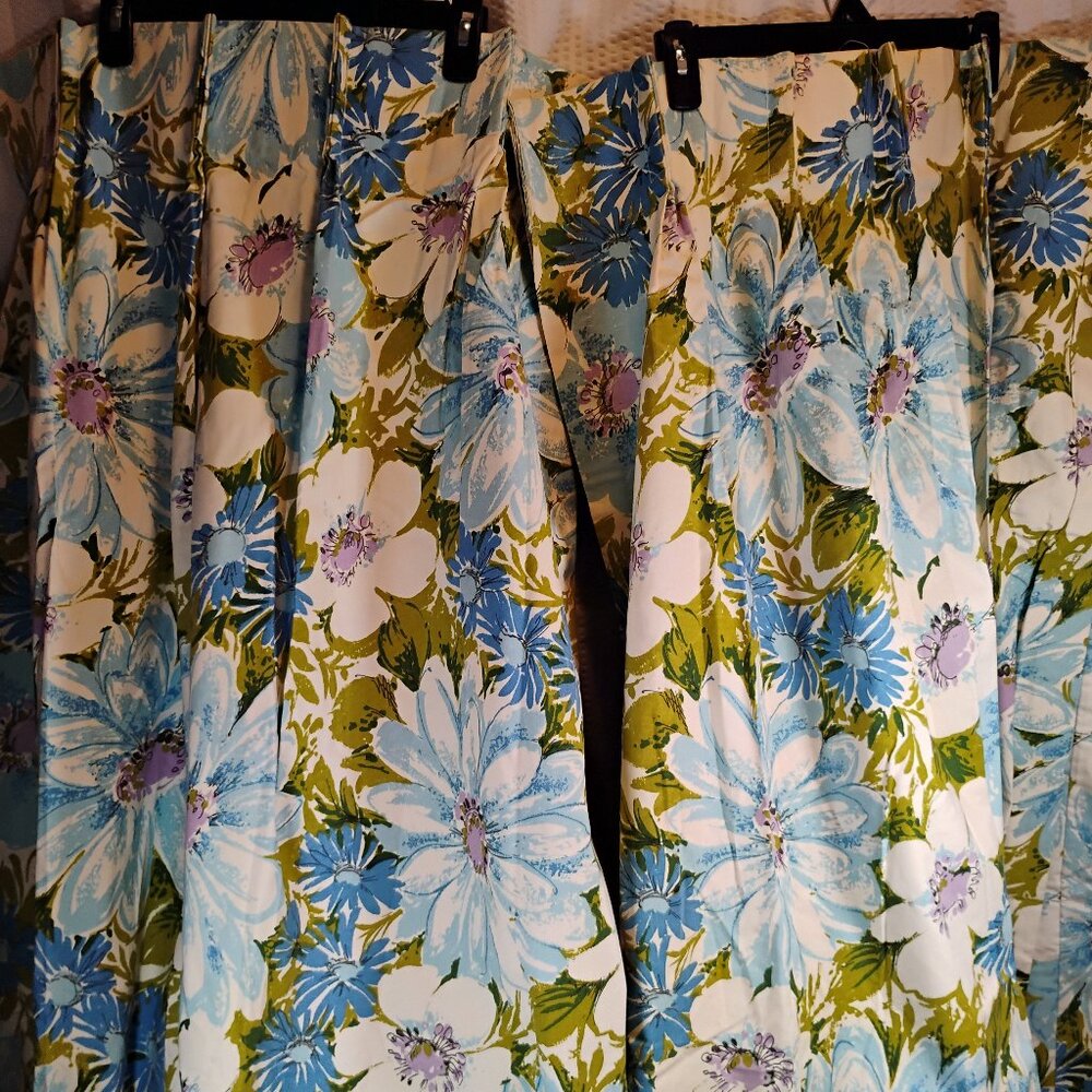 vtg 70s blue floral mod print rubber lined long curtains Mid-Century LIKE NEW
